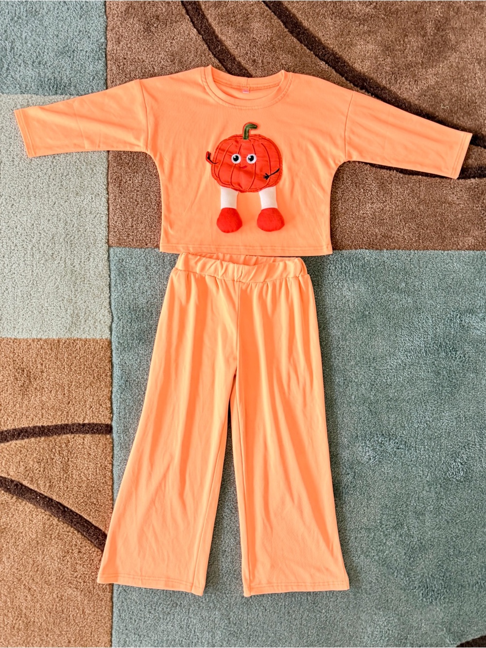 Kids Orange Pumpkin Applique Pajama Set